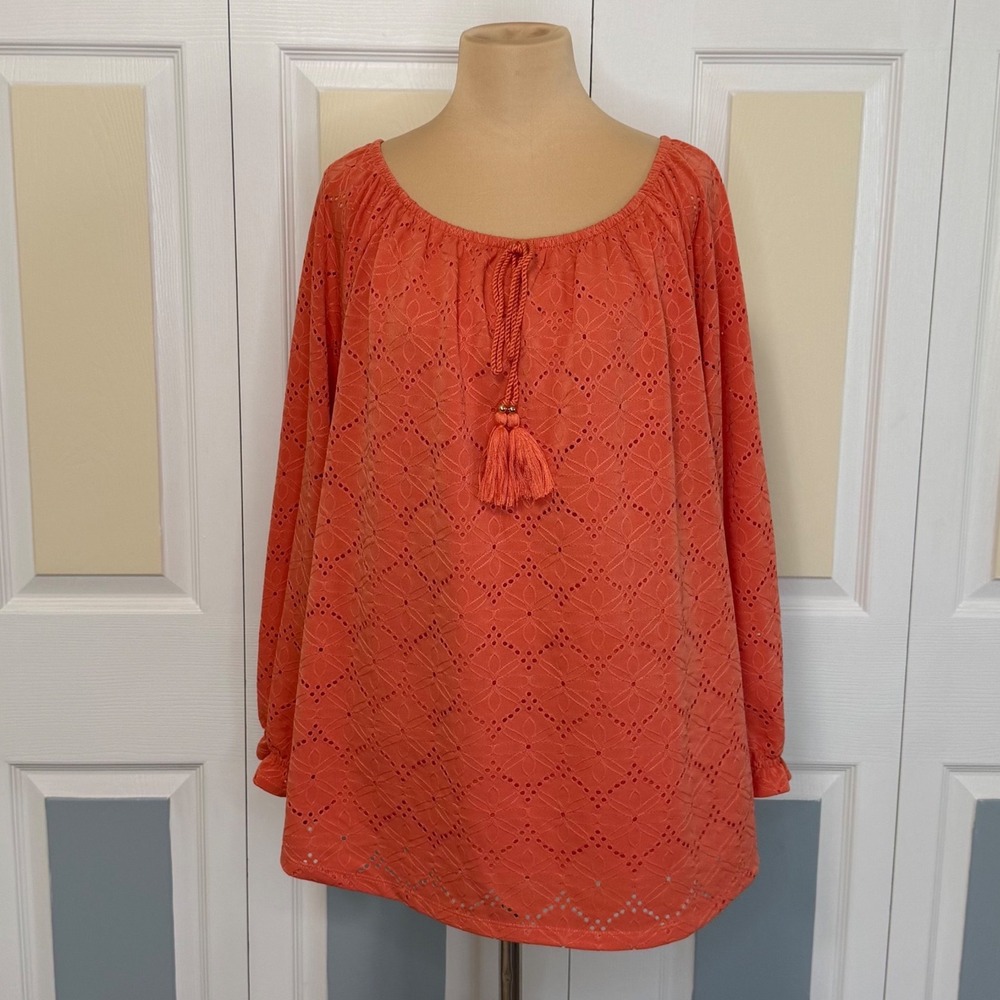 Rafaella‎ Womens XL Coral Orange Eyelet Peasant Blouse Long Sleeve Tassel